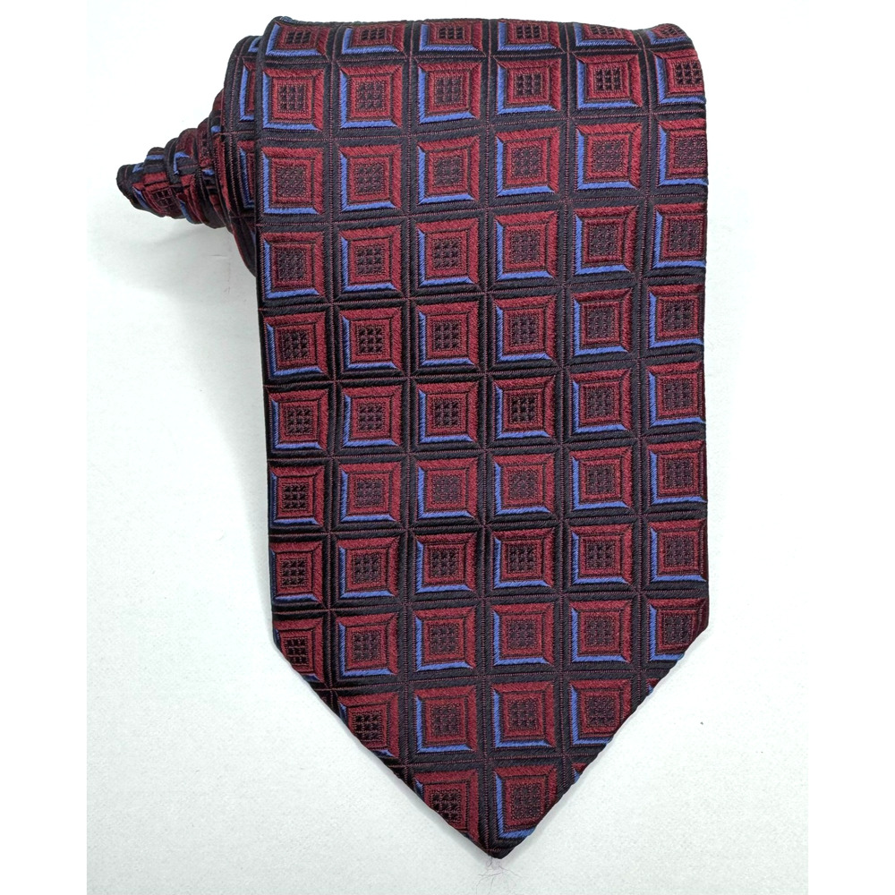 Hugo Boss Tie Mens Red Black Blue Geometric 100% Silk Luxury Necktie Italy